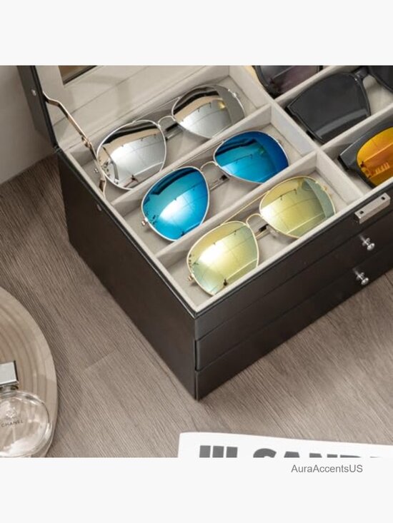 18-Slot Sunglasses Organizer, 3-Layer Leather Eyewear Storage Box, Display
